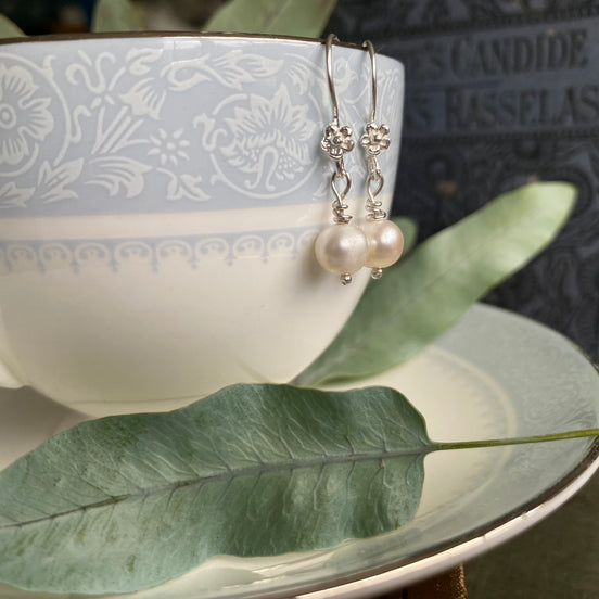 Flower and Pearl Drop Earrings