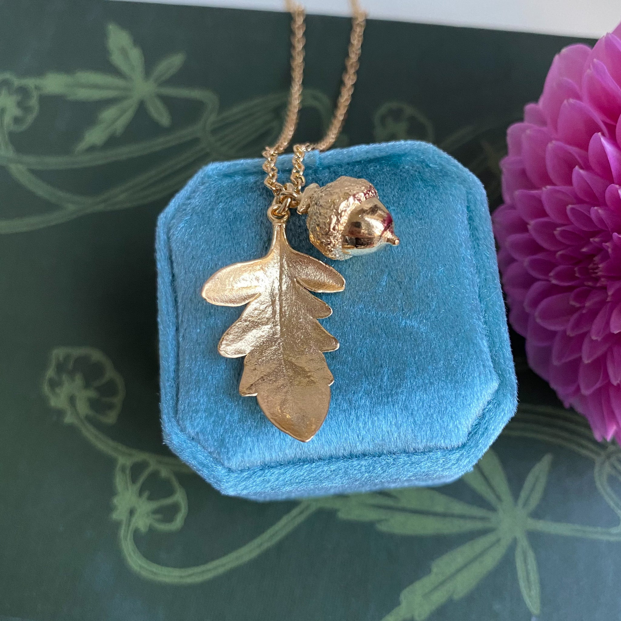 Autumn Harvest Pendant Necklace – Silver Leaf, Gold Pine Cone, Copper Acorn – Xanadu Designs